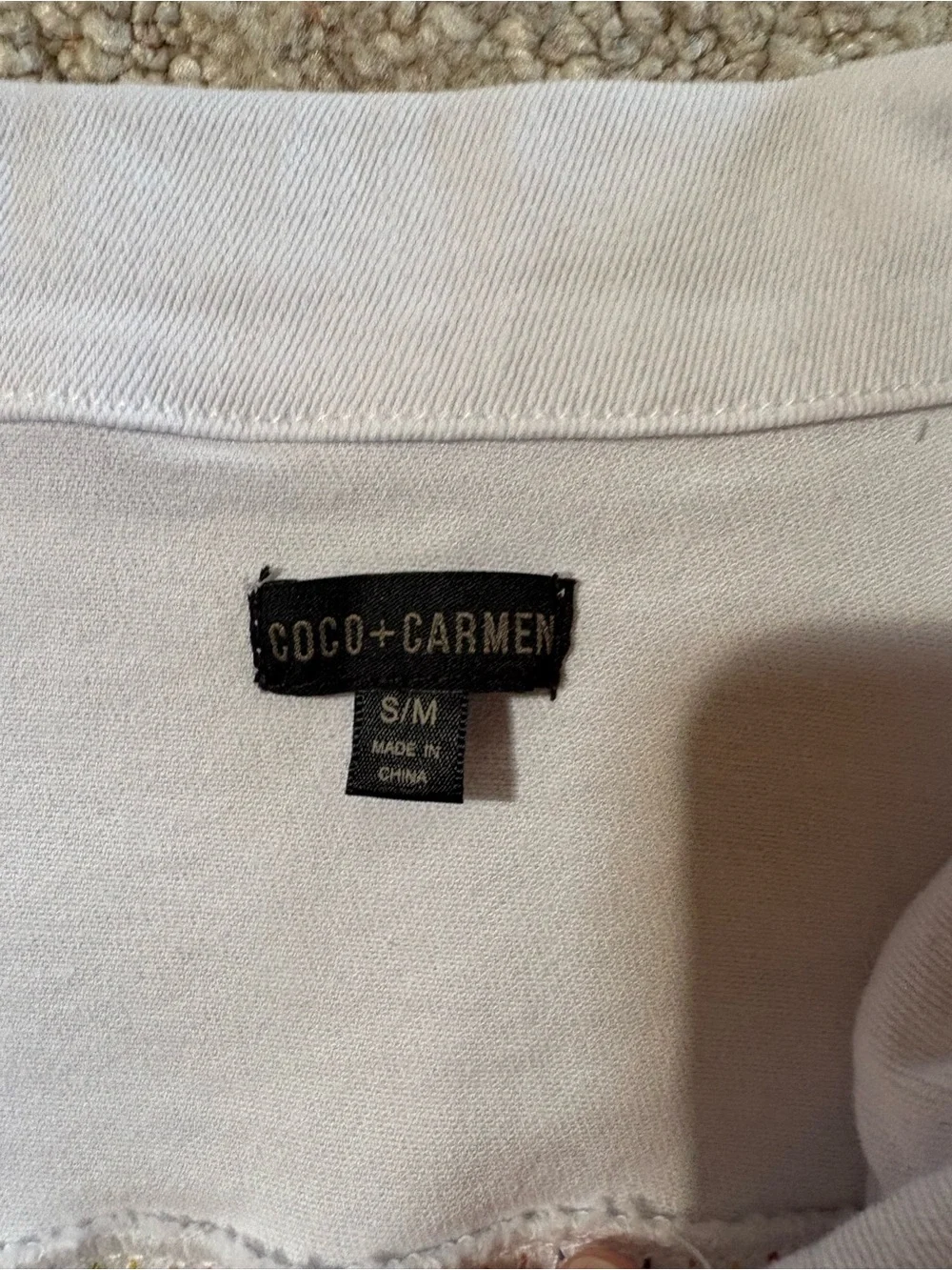 Coco + Carmen Women’s White Denim Jacket with Rainbow Stitching